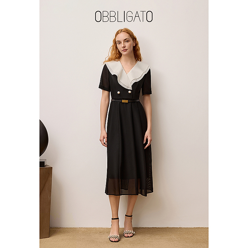 OBBLIGATO奥丽嘉朵2025夏季荷叶边网纱收腰连衣裙1C35205530