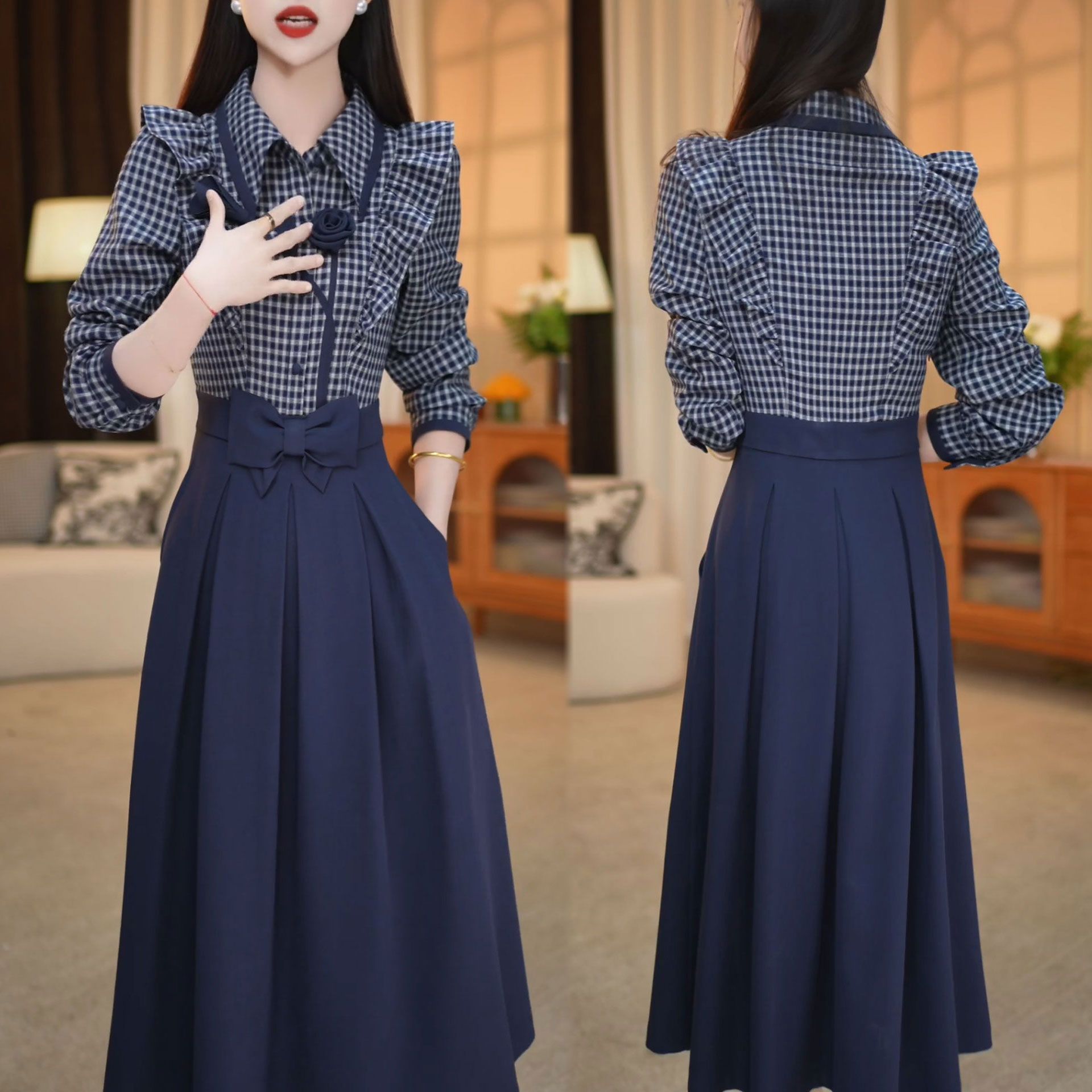 法式重工立体花假两件连衣裙2025秋季爆款polo领蝴蝶结高腰显瘦裙