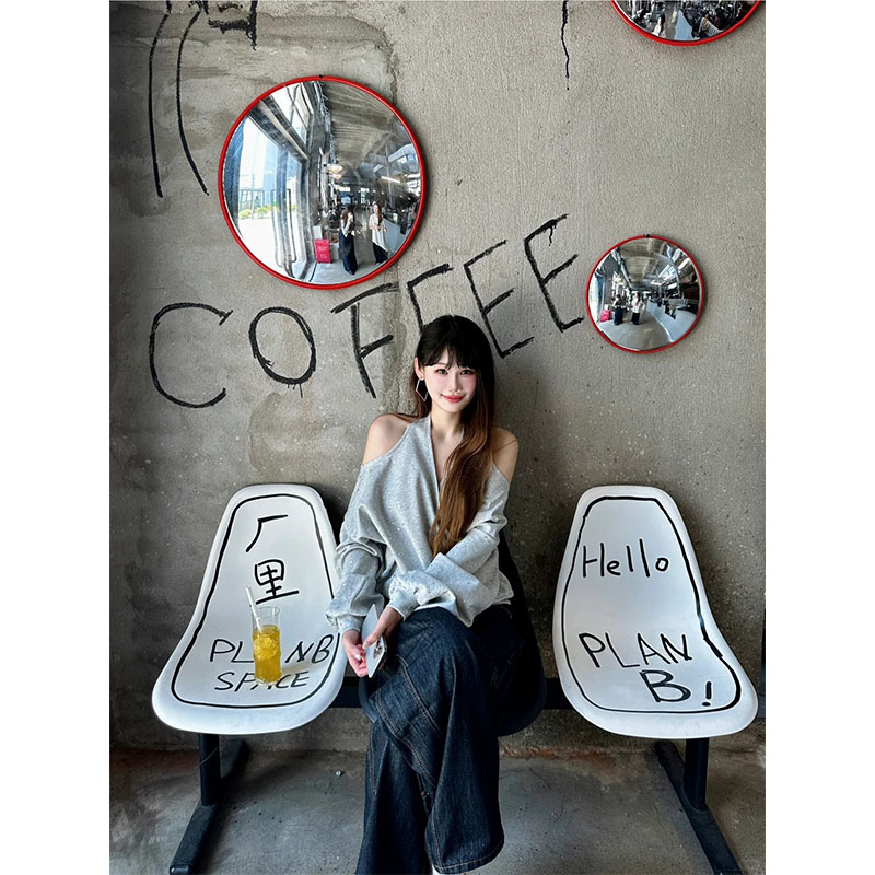 韩系简约高级感宽松露肩长袖T恤上衣早秋新款宽松直筒休闲长裤女