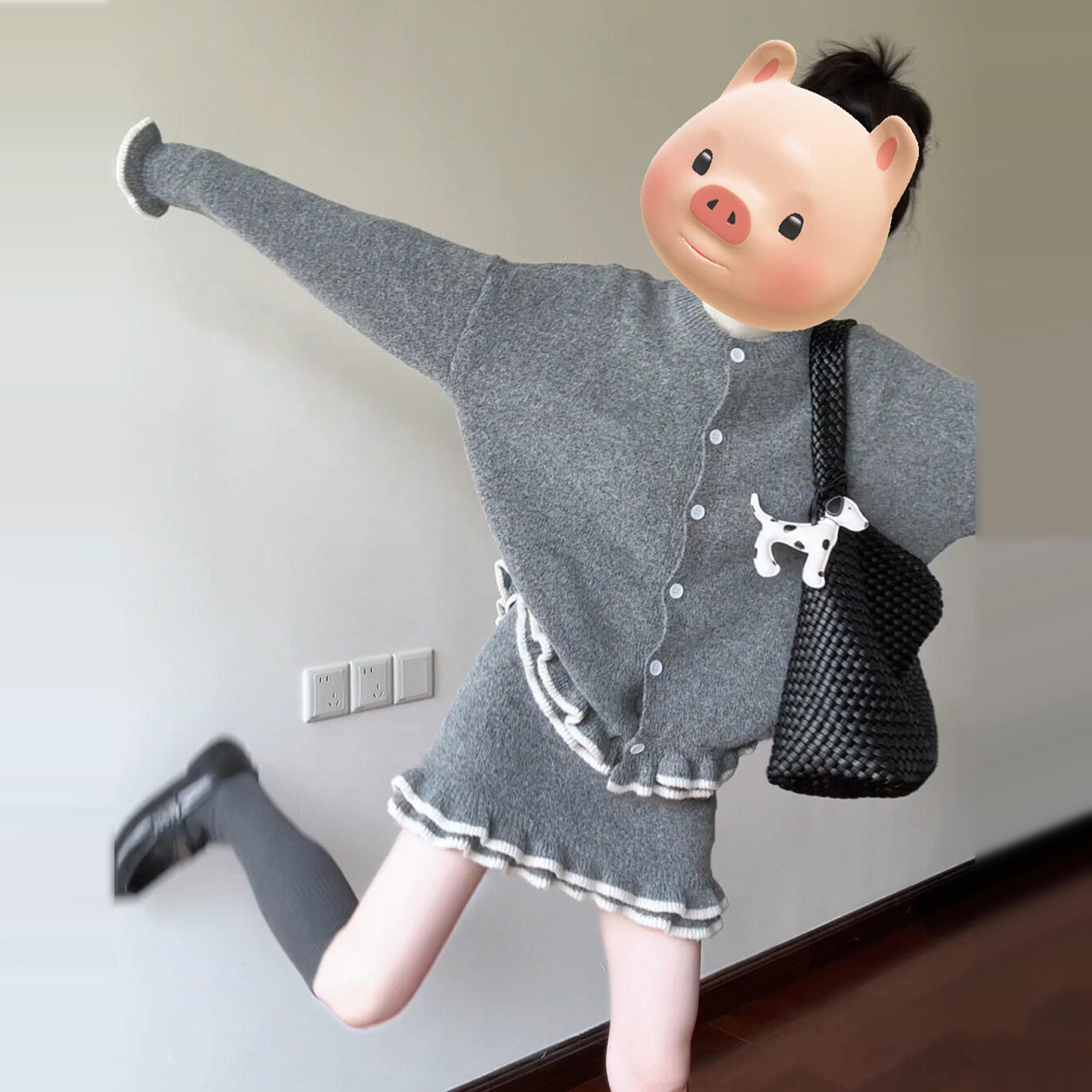 韩系穿搭一整套秋冬季木耳边撞色针织开衫套装女高腰半身裙两件套