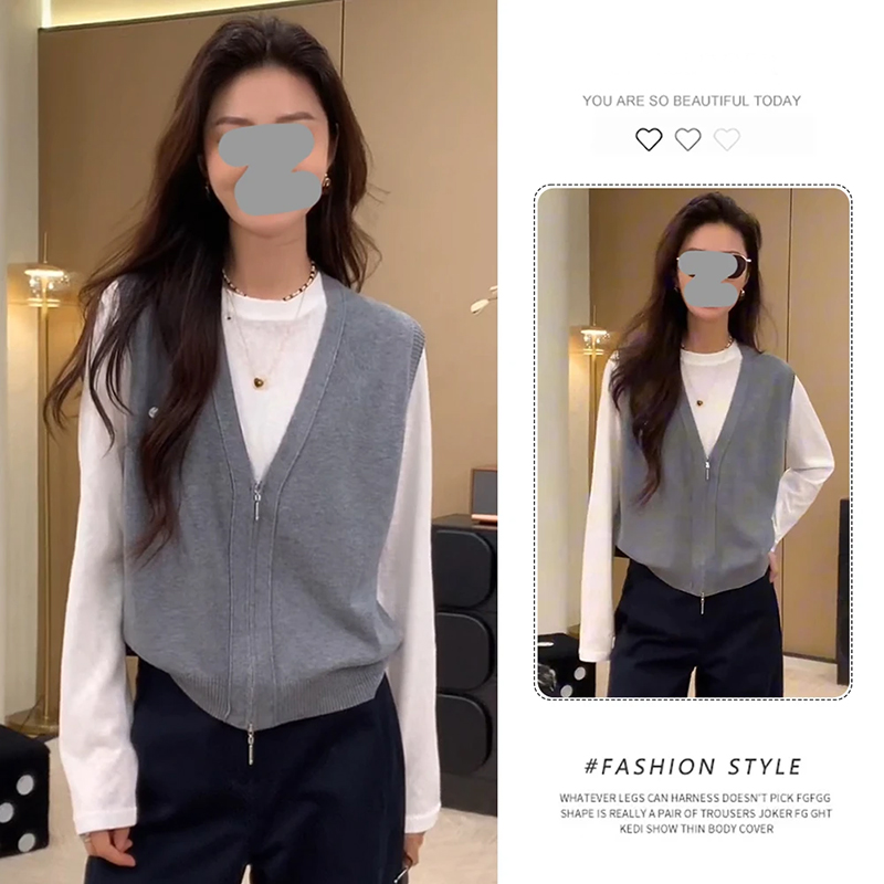 韩系时尚小众长袖针织打底衫女秋叠穿无袖开衫马甲内搭上衣两件套