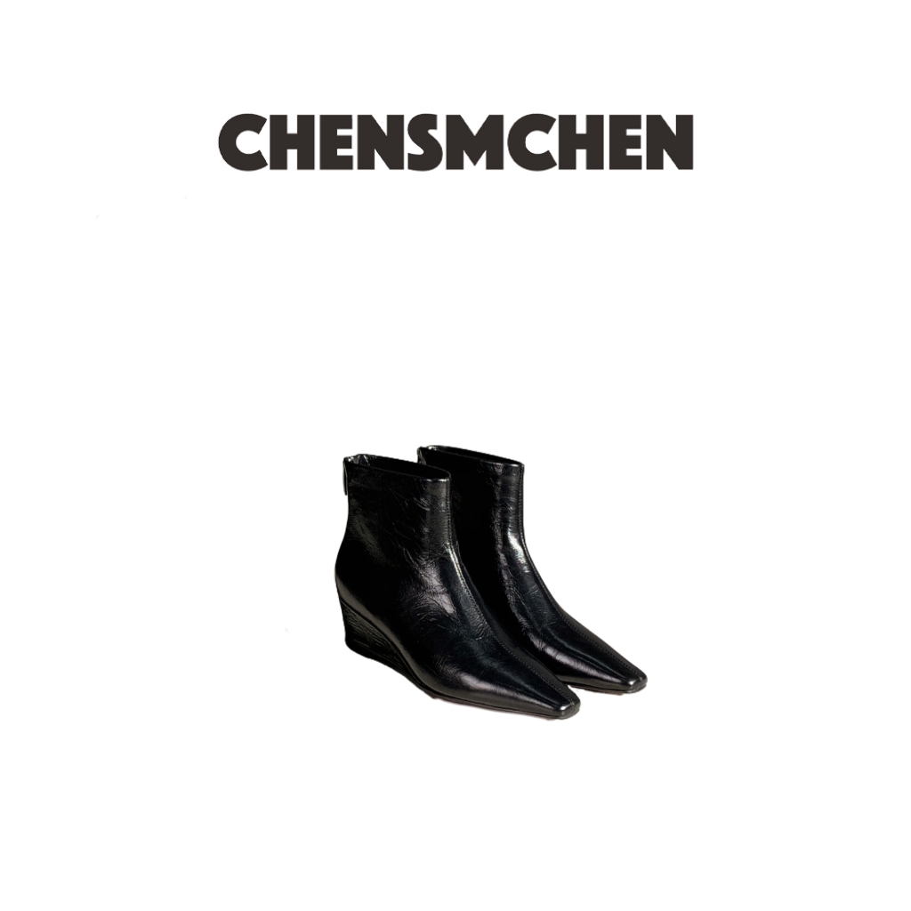 CHENSMCHEN 秋冬坡跟后拉链时尚方头油蜡面时装靴