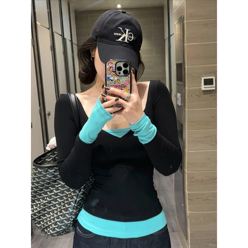 Moses Queen/魔西女王春日亮色系穿搭假两件收腰T恤女水蓝色长袖