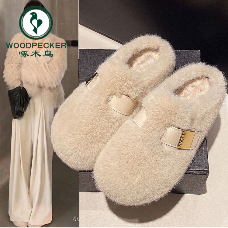 啄木鸟小众皮扣毛毛鞋拖鞋女鞋外穿新款秋冬季复古加绒棉鞋包头鞋