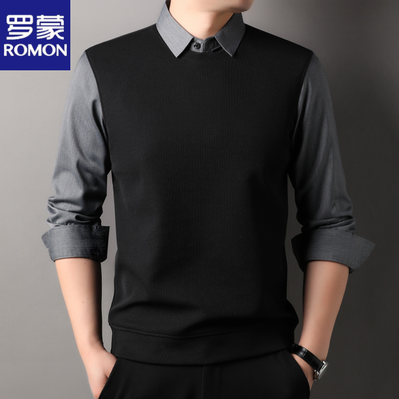 罗蒙假两件卫衣男士秋冬长袖T恤衬衫领宽松休闲纯色加绒保暖上衣