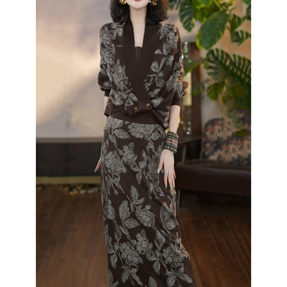 气质优雅慵懒风针织裙套装2025秋季新款长袖百搭显瘦上衣+半身裙