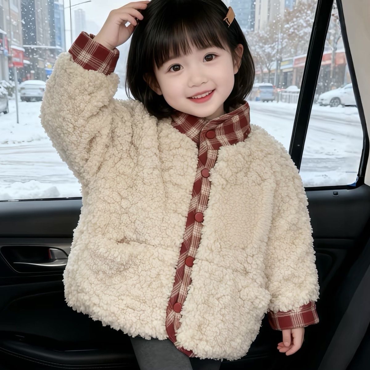 2025爆款两面穿韩系女宝宝加厚保暖外套冬季新款格子立领棉衣潮童