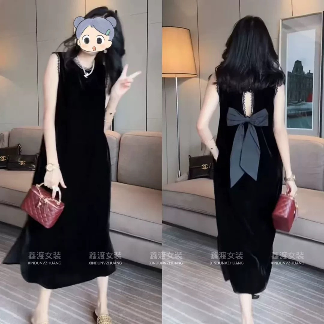 女装连衣裙网红气质轻奢夏季露背蝴蝶结中长款开叉小黑裙洋气裙子