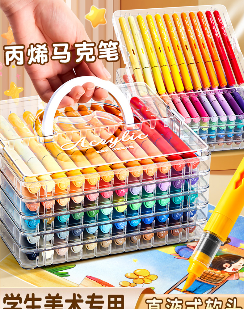直液式丙烯马克笔软头学生专用不透色可水洗可叠色幼儿园绘画彩笔