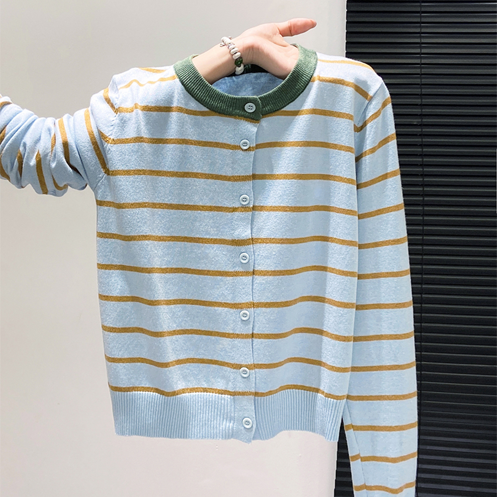 秋季女撞色条纹长袖针织衫慵懒高级感毛衣宽松显瘦内搭打底衫上衣