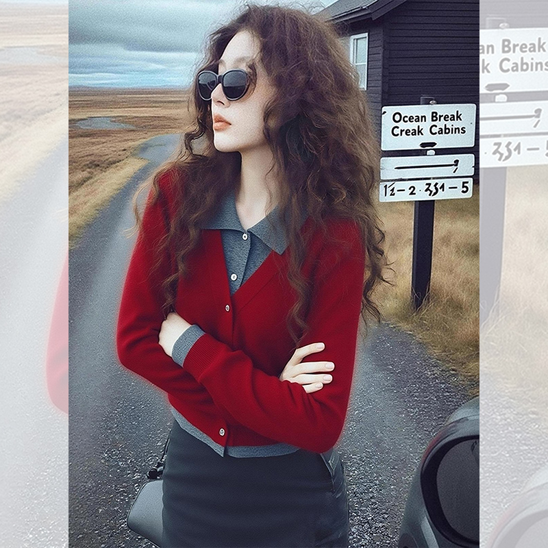 独特漂亮内搭红色假两件polo打底小衫女秋冬洋气高贵针织开衫上衣