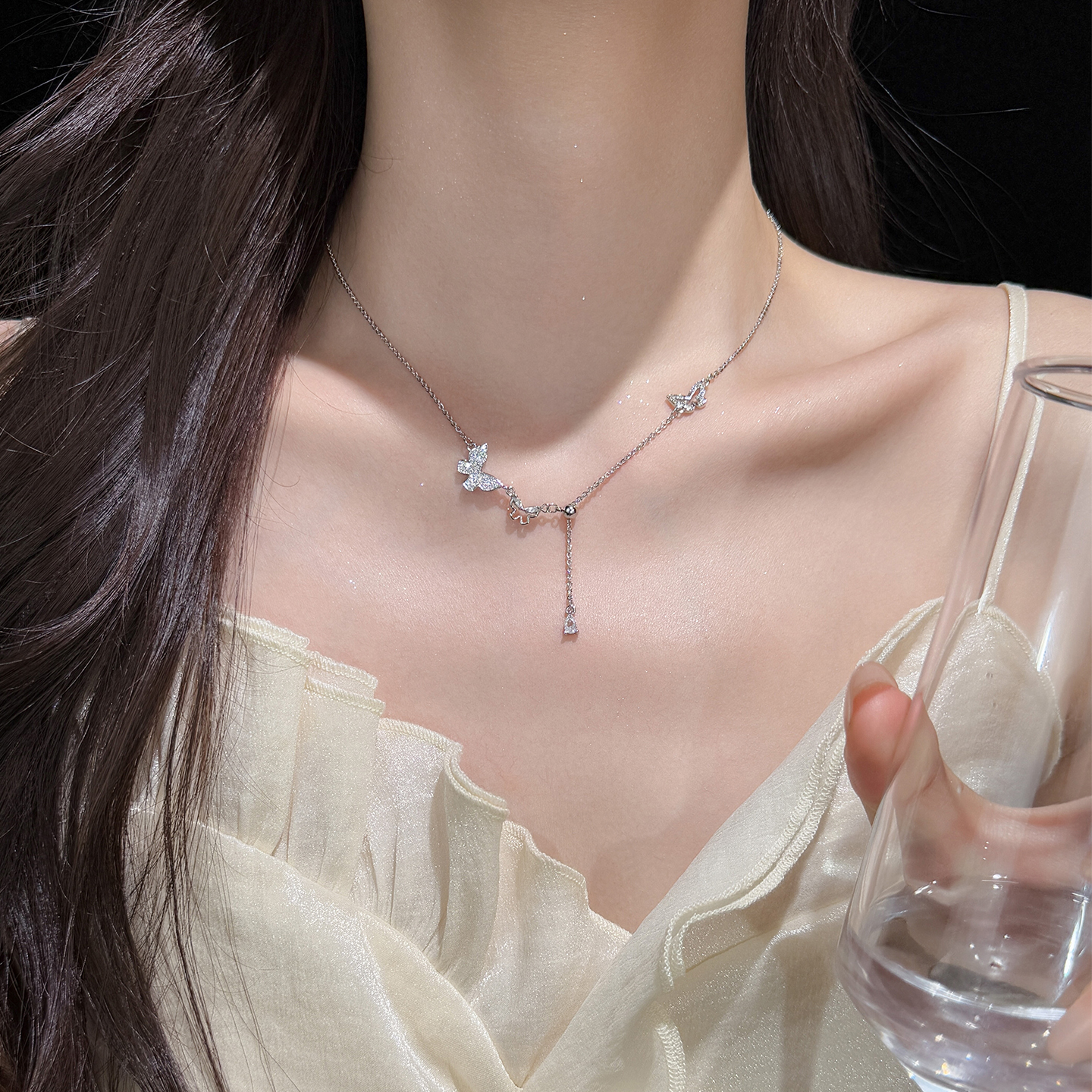 坠链均足银 999纯银蝴蝶项链女款毛衣链女生高级感圣诞礼物送女友