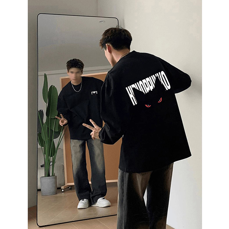 重磅黑色长袖t恤男款秋季潮牌美式恶魔眼印花卫衣慵懒内搭打底衫