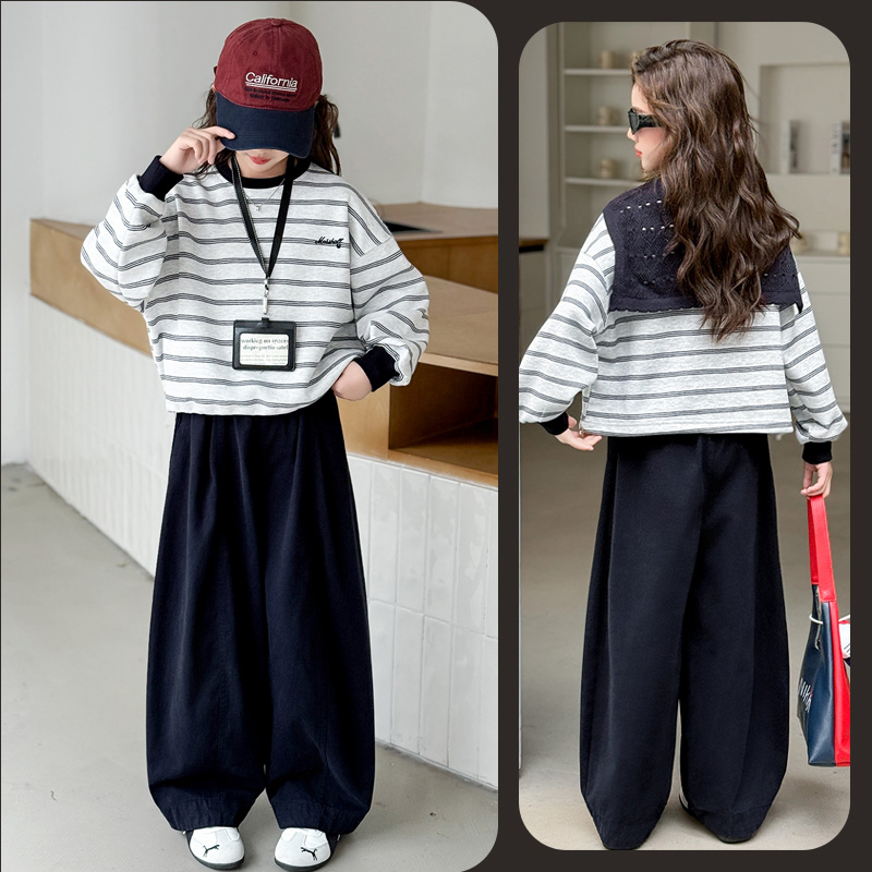 女童秋季时尚披肩条纹卫衣阔腿裤套装6~12岁中大童洋气宽松时髦潮