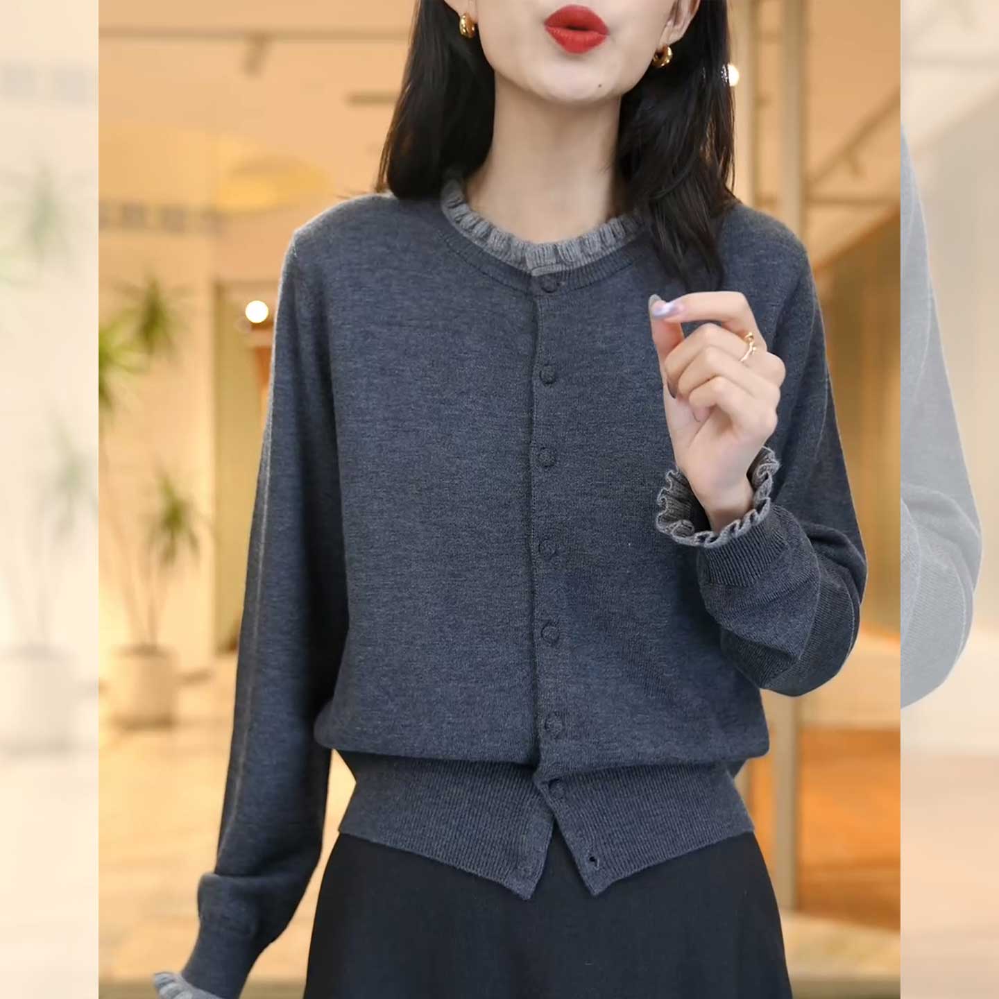 春秋新款木耳边针织开衫女洋气减龄毛衣外套气质百搭宽松显瘦上衣