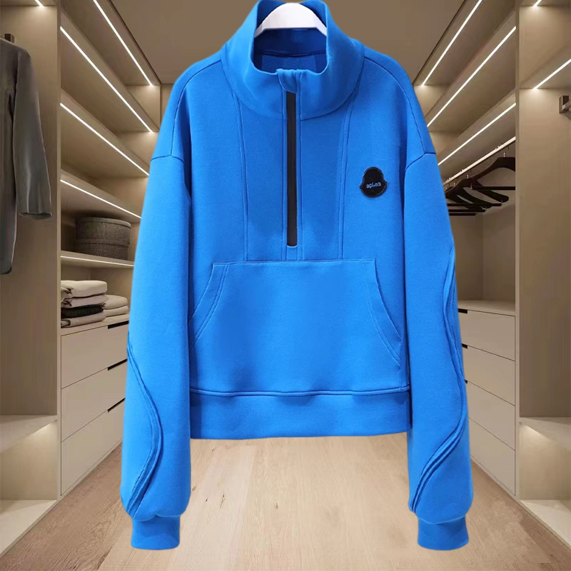 春秋款蓝色半开领口袋长袖卫衣女款爆款2025新款洋气设计感上衣潮