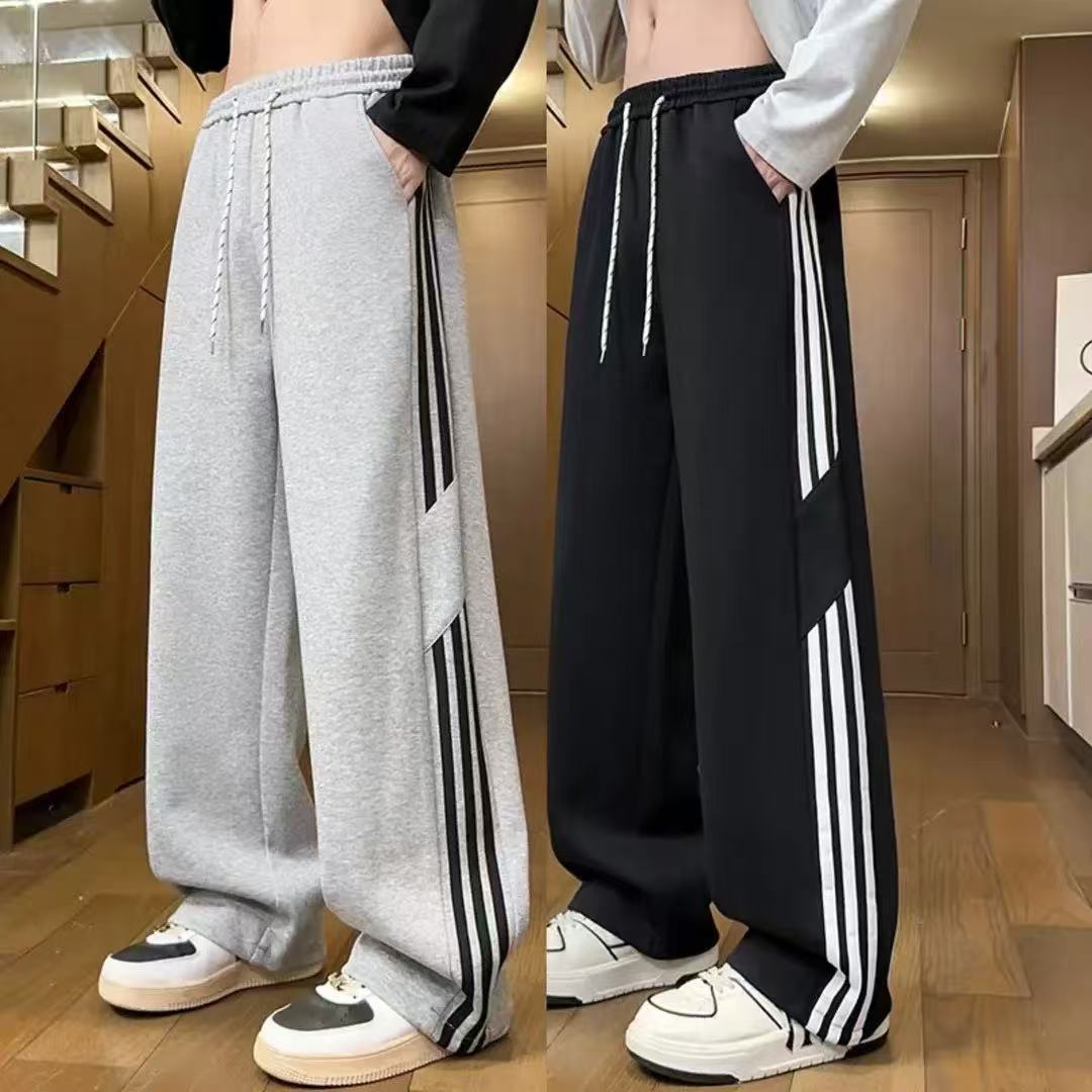 青少年条纹运动裤三条杠加绒保暖休闲卫裤男2025秋季宽松直筒裤子