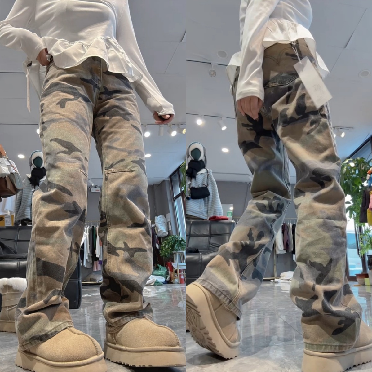 景倩妮时尚潮流迷彩直筒牛仔裤2026年早春新款高腰显瘦窄版阔腿裤