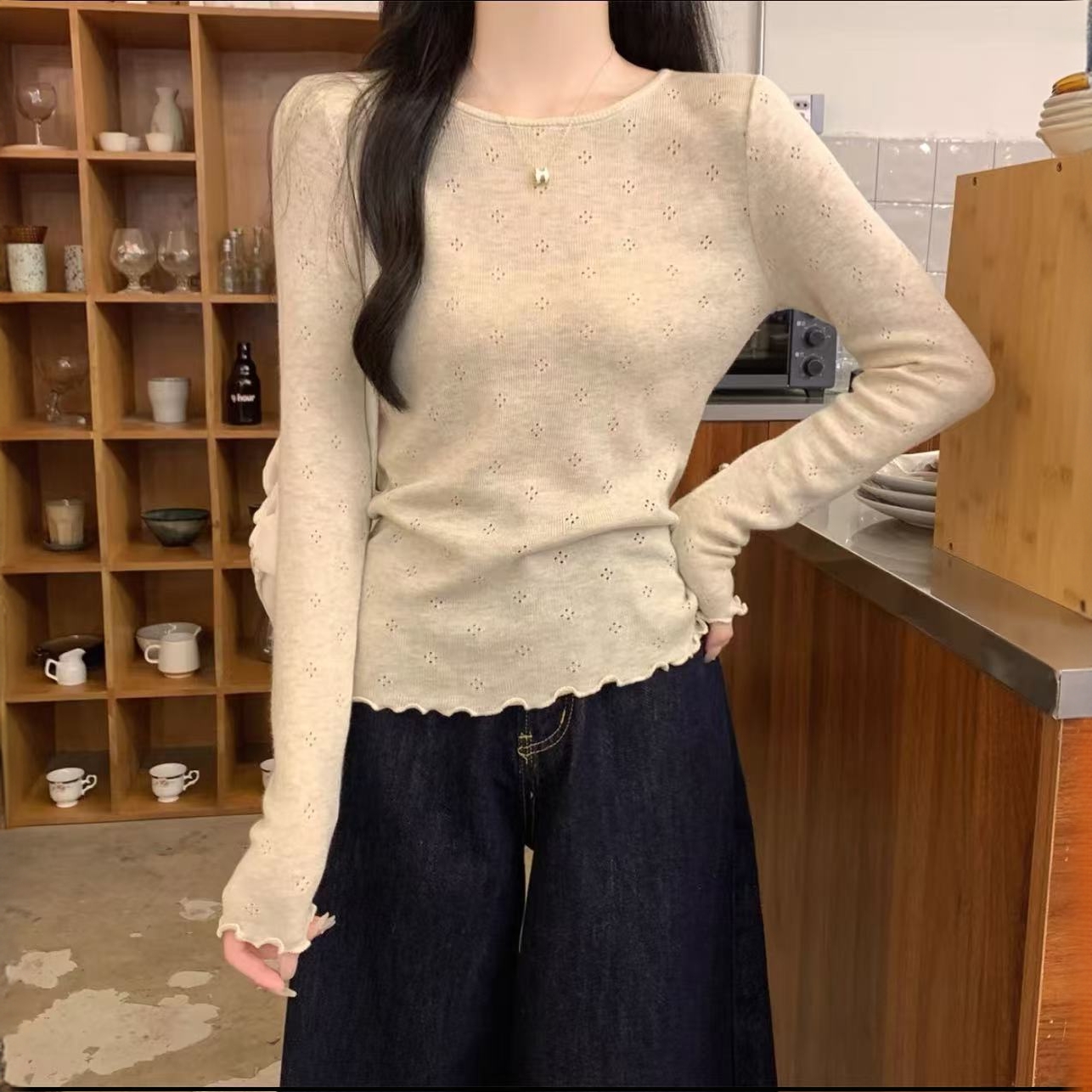 软糯温柔风秋冬木耳边长袖毛针织衫修身内搭打底衫显瘦长袖针织