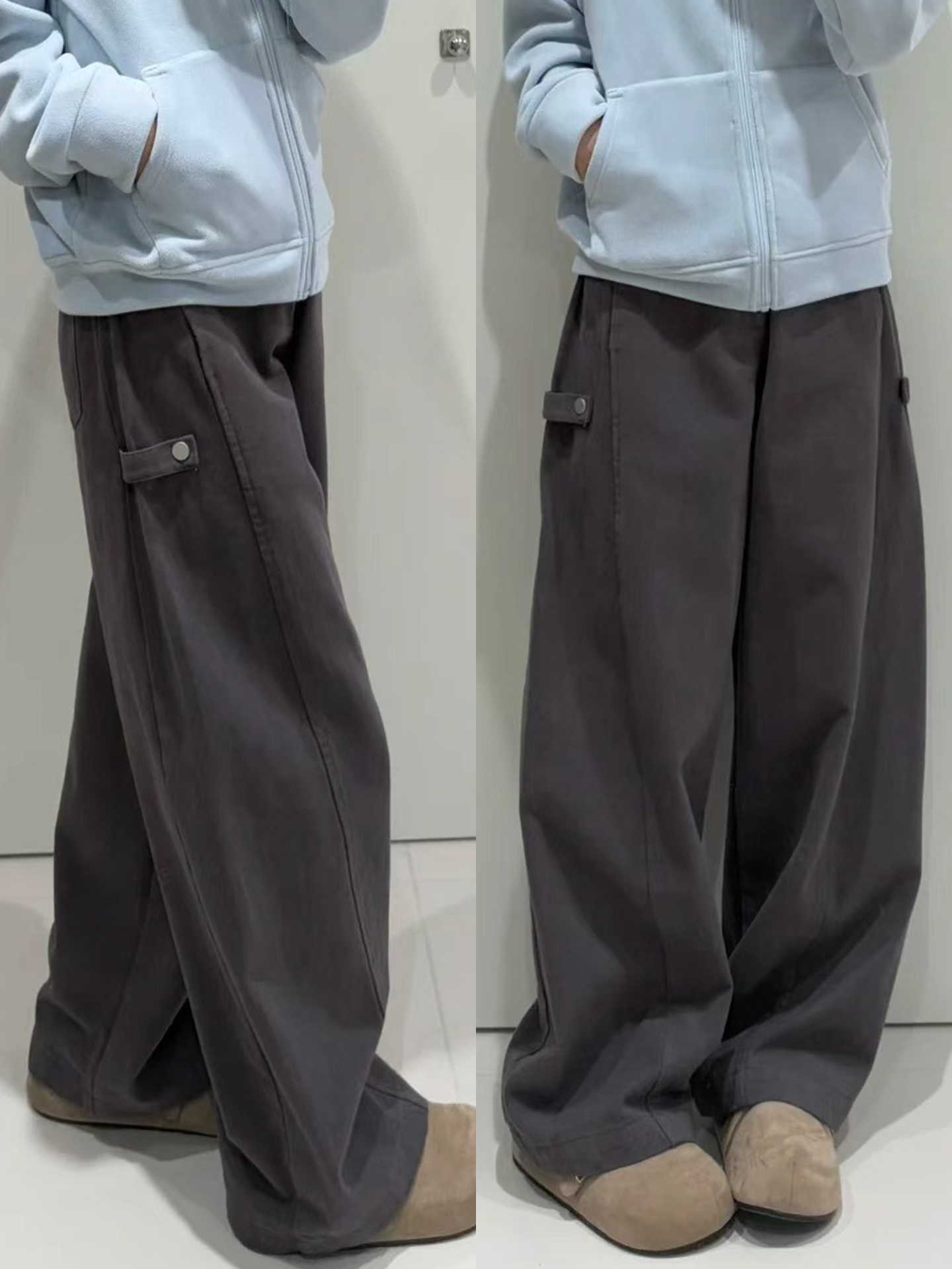 加绒弯刀裤女冬季新款阔腿工装裤大码胖mm显瘦灰色裤子梨形报恩裤