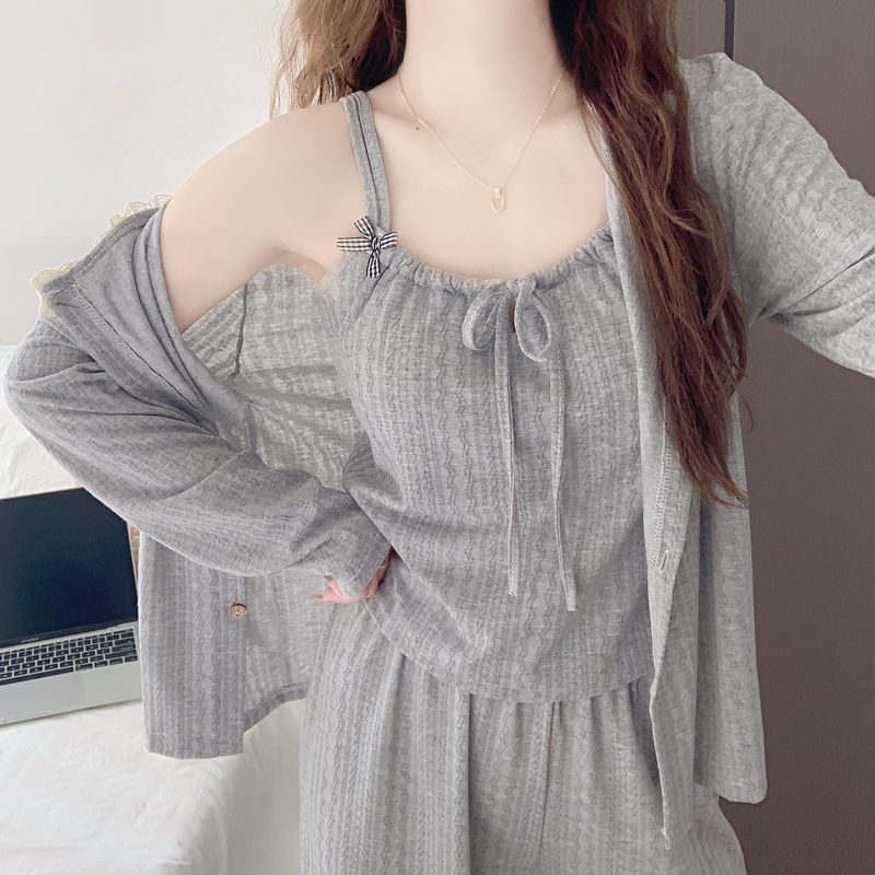 【带胸垫一体】长袖睡衣女款春秋季纯棉性感吊带三件套装纯欲家居服
