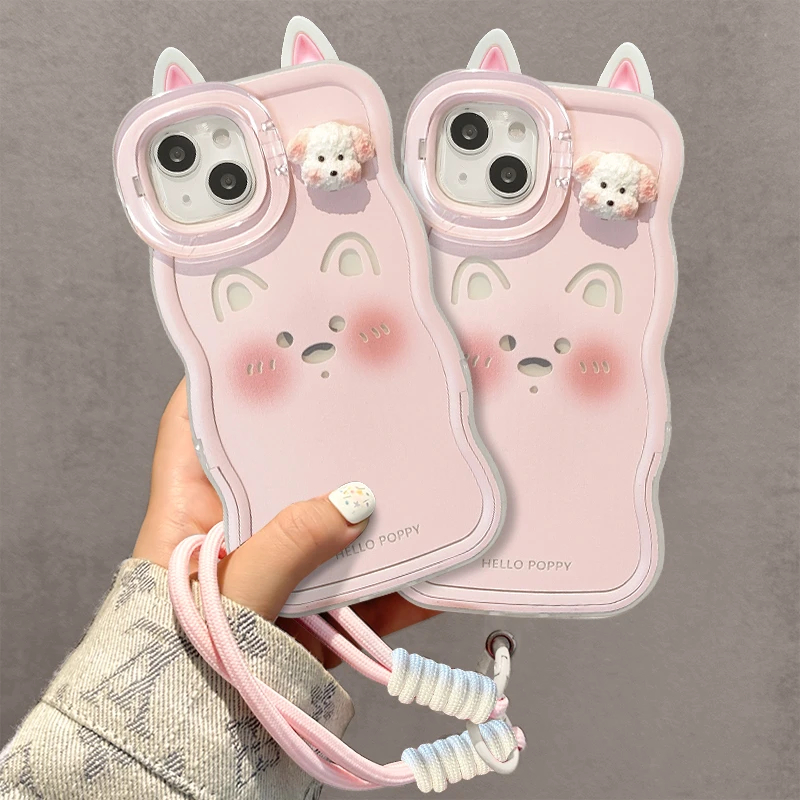 奥菲顿可爱粉色小狗挂绳双支架适用苹果16手机壳华为oppo小米vivo
