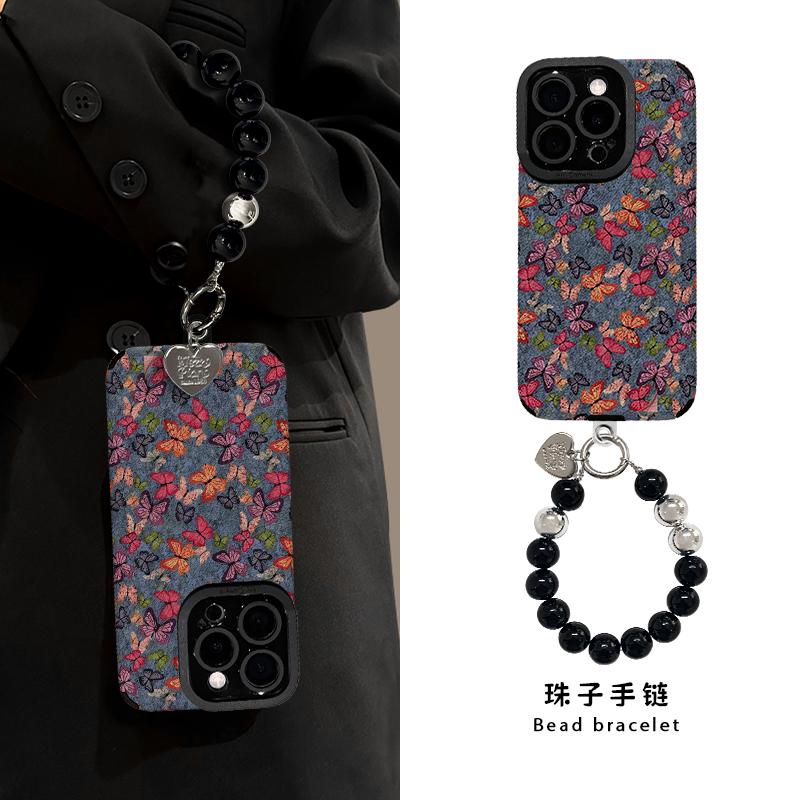 彩色蝴蝶适用苹果16华为vivo小米oppo瞳眼羊皮手机壳女防摔高级感