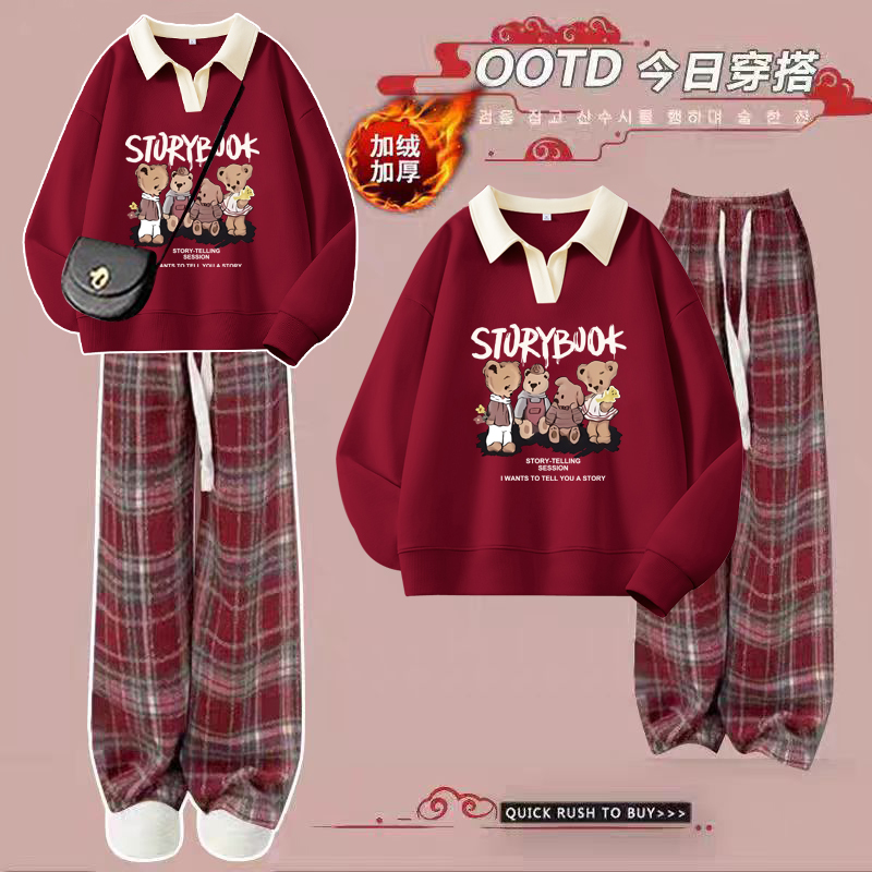 女童冬款韩版套装2025新款女大童休闲加绒卫衣格子裤两件套冬装潮