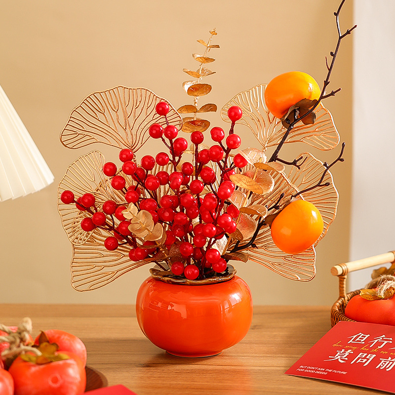 柿柿如意乔迁之喜装饰柿子陶瓷罐摆件新居新房搬家仪式布置用摆台