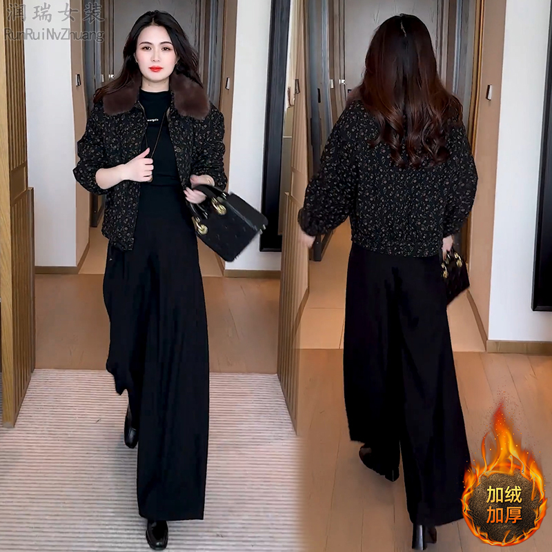 小个子加绒加厚碎花毛领短外套女2025冬季新款宽松百搭短款上衣女