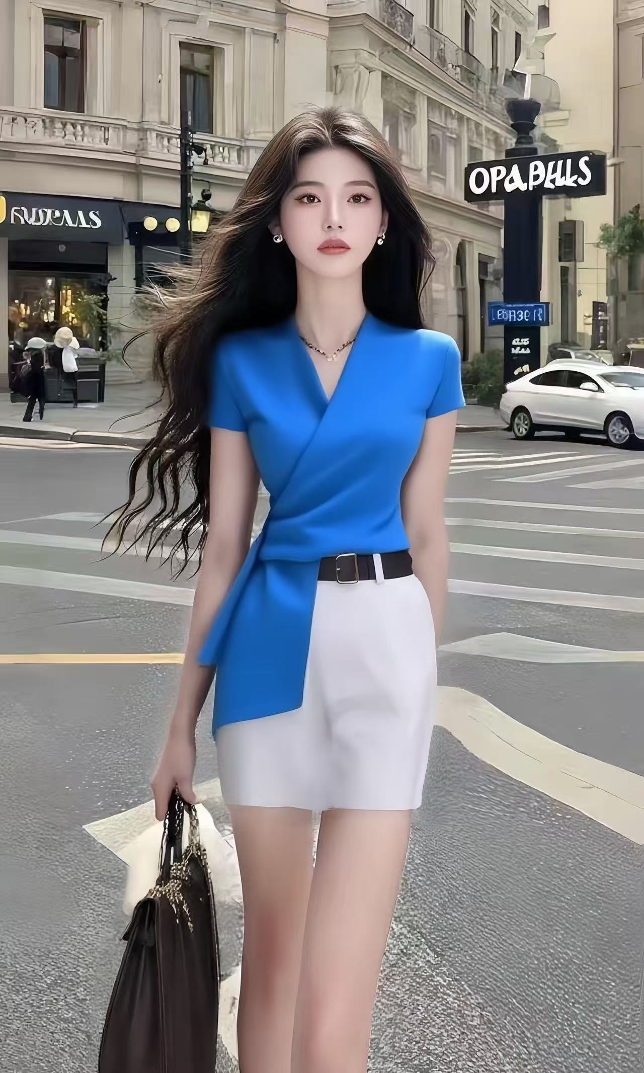 蓝色V领短袖不规则修身上衣+小众百搭显瘦半身裙女氛围感两件套