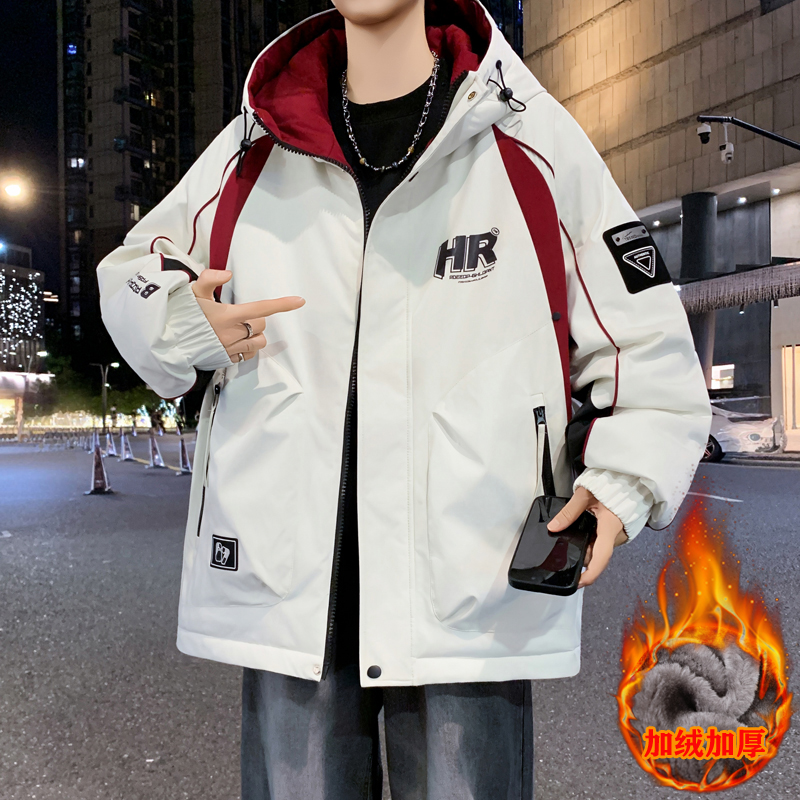 秋冬新款休闲宽松冲锋夹克美式男生加绒加厚潮流帅气连帽外套上衣