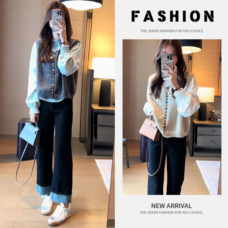 早春一整套女装2025秋季新款百搭衬衫上衣针织马甲阔腿裤三件套潮