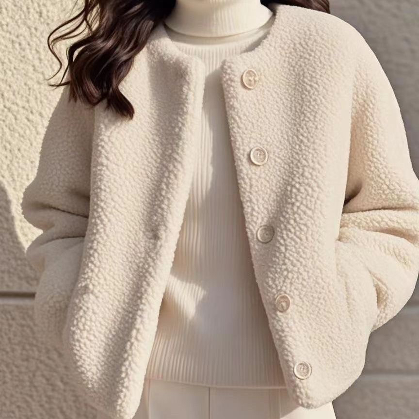 女冬季INS风女秋冬羊羔毛绒短外套女小个子圆领长袖漂亮毛毛上衣