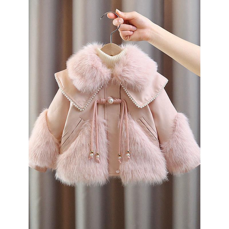 FAVMARTHA巨显白富贵千金女童外套冬彷皮草加绒加厚毛毛衣公