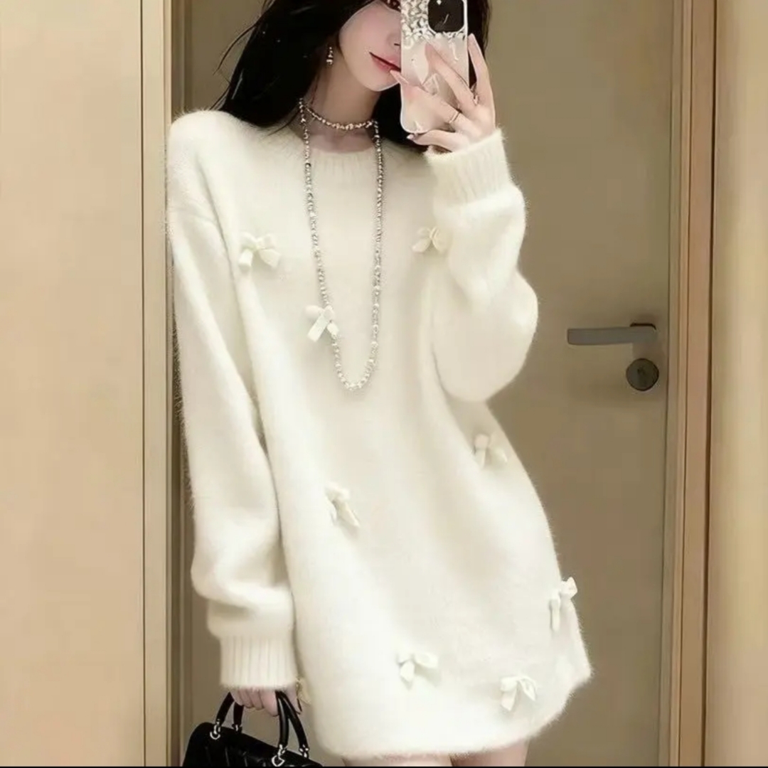 春节新款韩版慵懒风气质立体蝴蝶结氛围感宽松直筒女士针织连衣裙