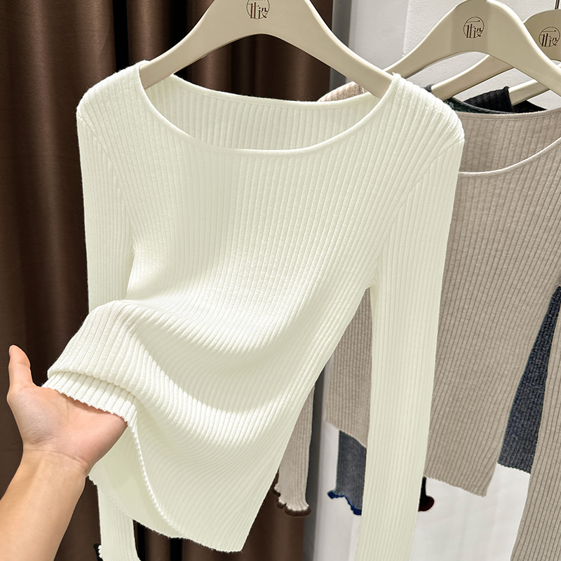 白色气质大圆领套头上衣女秋季新款长袖打底衫洋气撞色设计针织衫