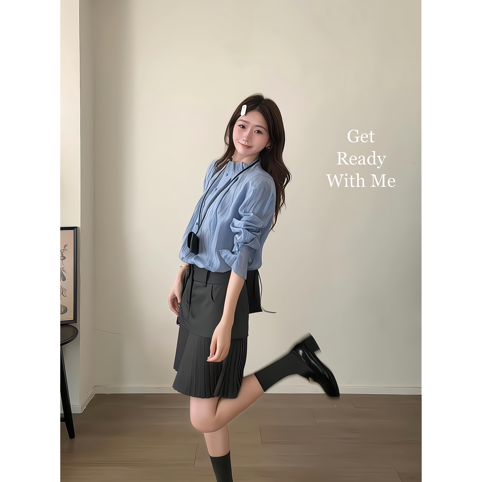 【现货秒发】立领宽松衬衫灯笼长袖衬衣格纹拼接百褶半身裙短裙女