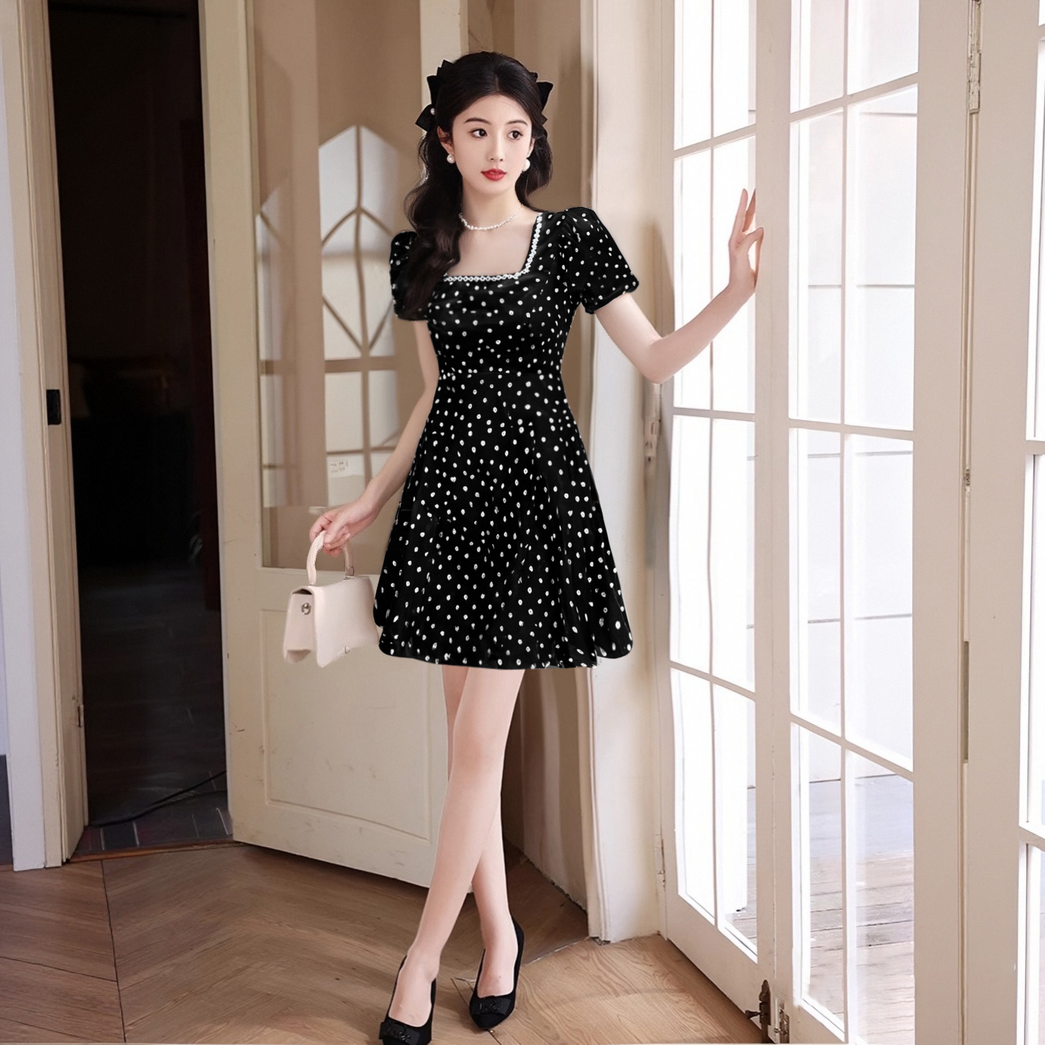 A独特漂亮连衣裙女2025新款夏季高级感波点方领掐腰小礼服D2655