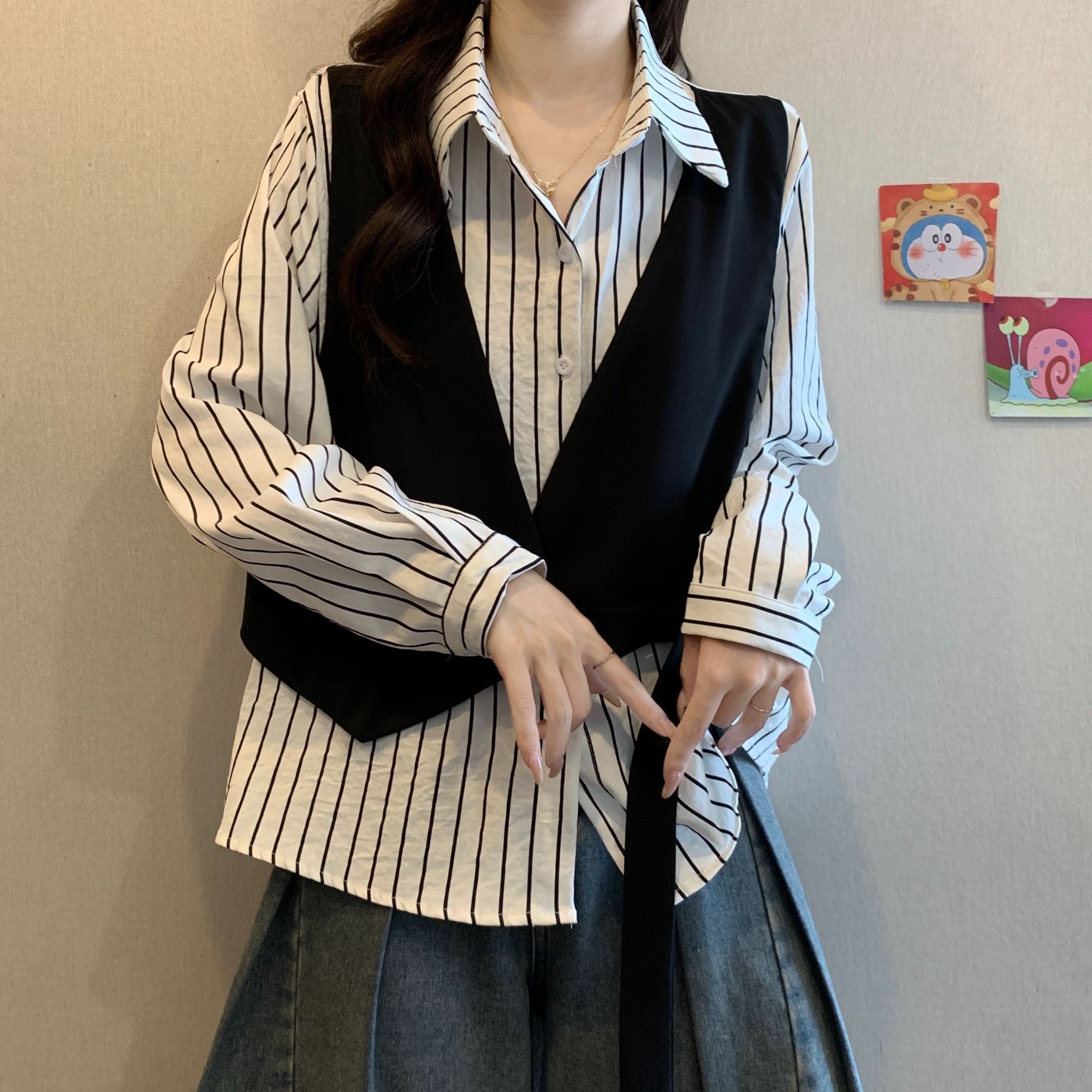 大码设计感假两件条纹长袖衬衫女春秋微胖MM宽松显瘦百搭洋气上衣