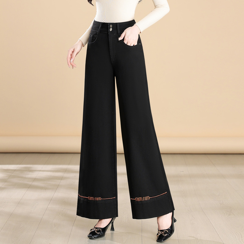 黑色阔腿牛仔裤女春秋高腰时尚大码洋气垂感宽松直筒中年妈妈裤子