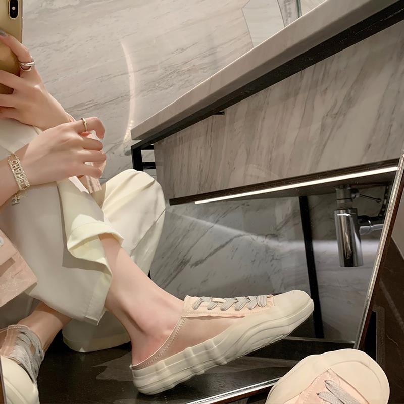 西班牙小众帆布鞋女春外穿溶解厚底半拖鞋绸缎百搭休闲包鞋小白鞋