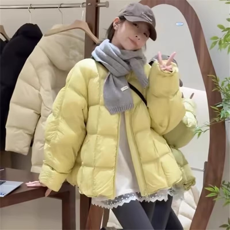 白鸭绒纯色小方块羽绒服女2025冬季新款韩版圆领减龄面包服外套潮