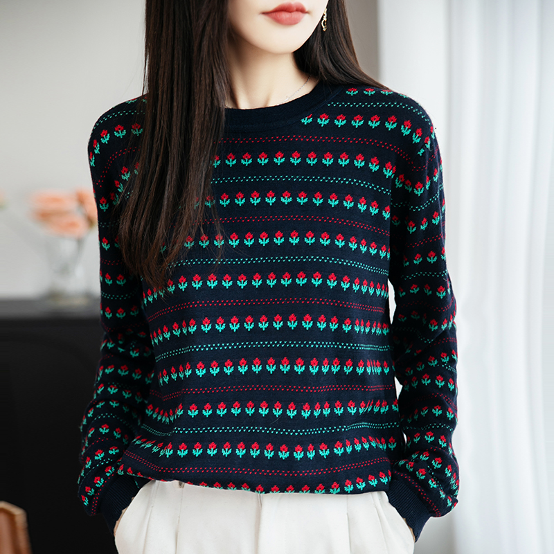 品牌女装正品秋冬新款高端圆领条纹针织打底衫洋气显瘦长袖毛衣