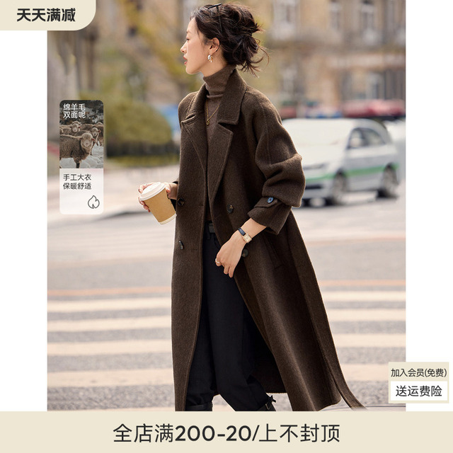 晗沫依美插肩腰轻法式大衣袖双面手工羊毛女24冬季新款毛呢外套系