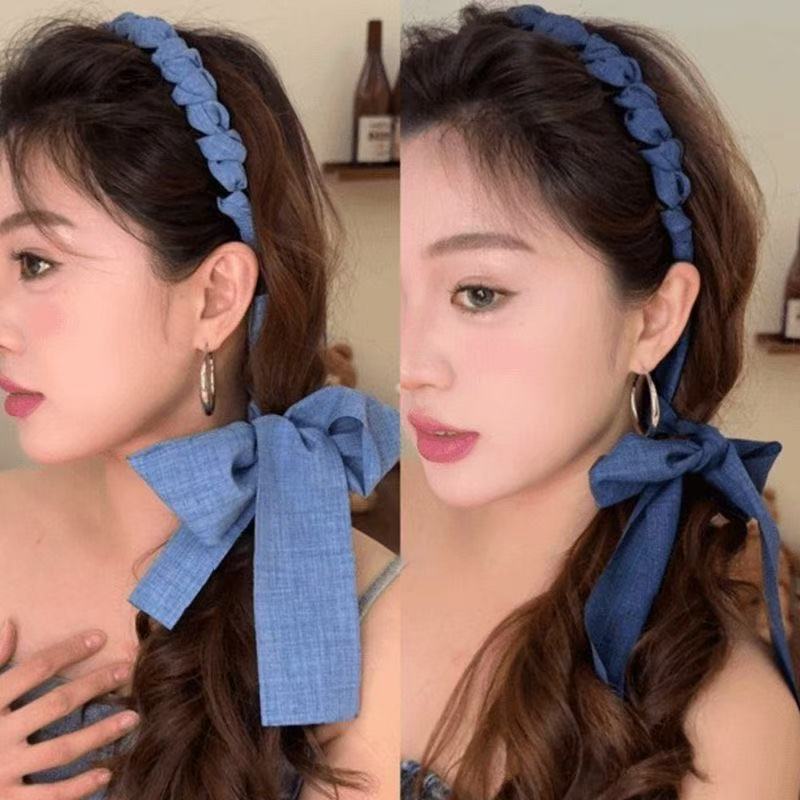 发卡飘带少女风通用女日韩韩版韩式发箍简约蓝色缎面法式甜美百搭