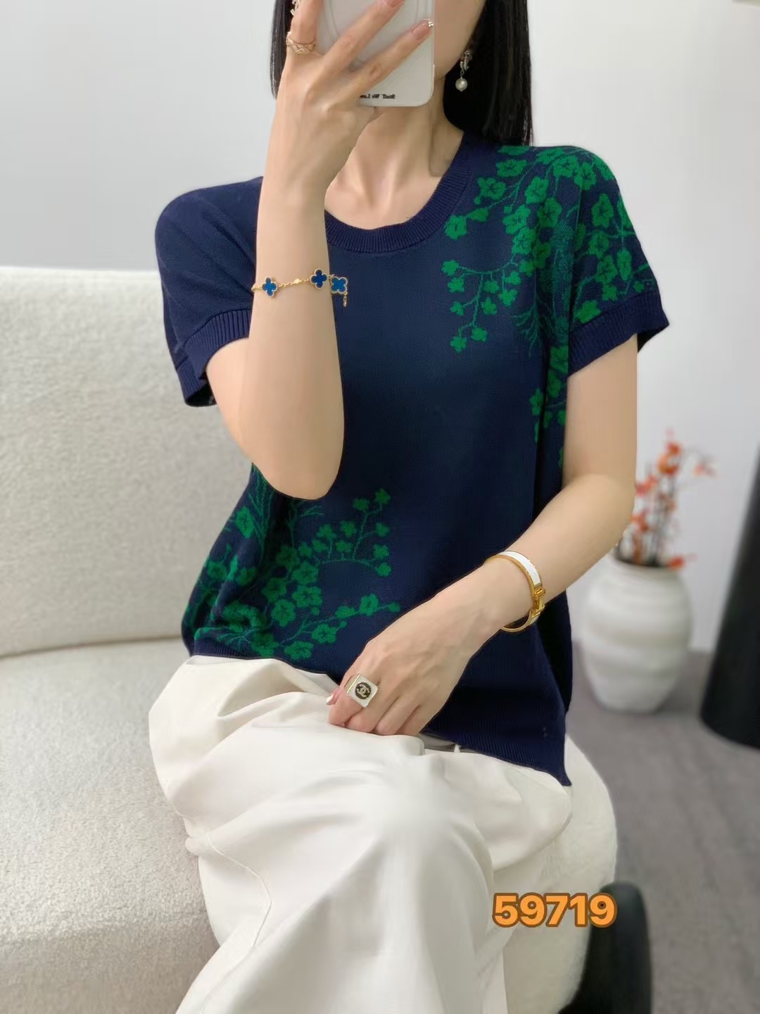 天丝复古风梅花精致时尚短袖针织衫夏季新款气质百搭