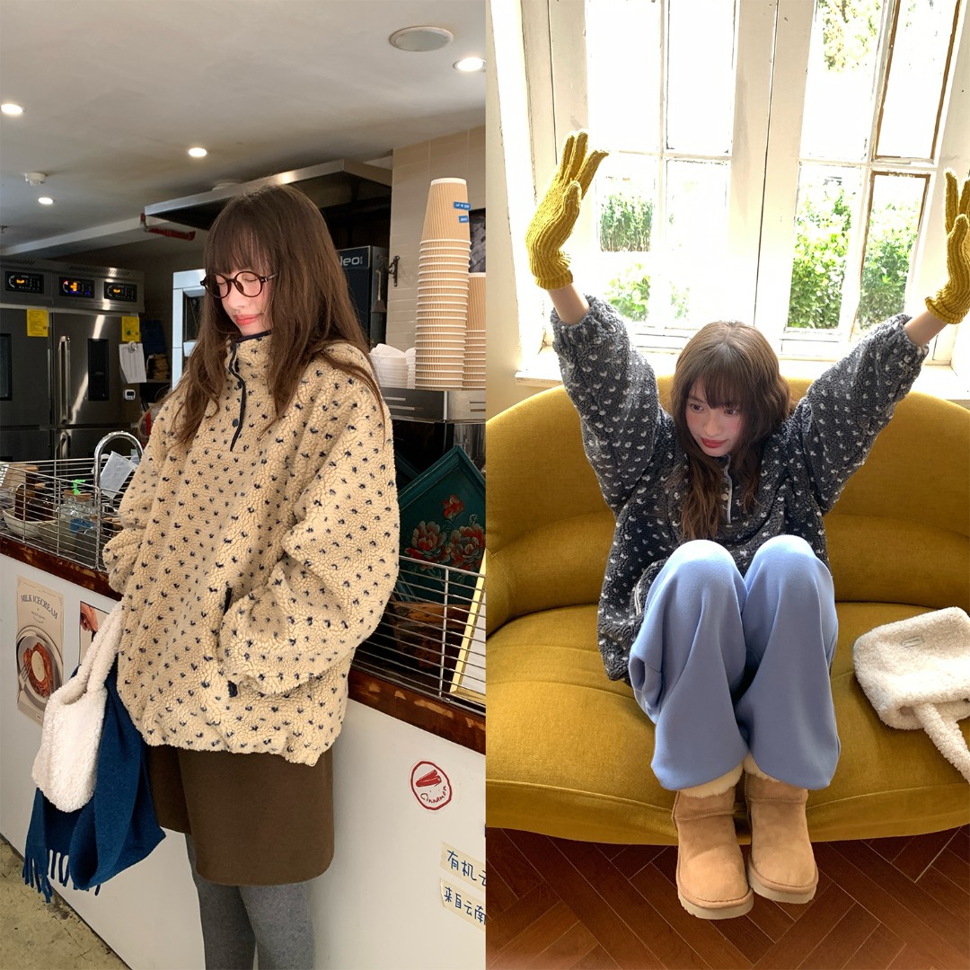 RAINY 立领保暖撞边羊羔毛卫衣冬季女抽绳套头拉链口袋宽松外套