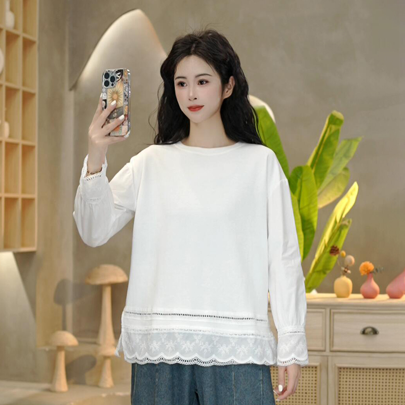 8856 时尚感蕾丝拼接衬衫T恤女春季新款宽松休闲洋气打底上衣