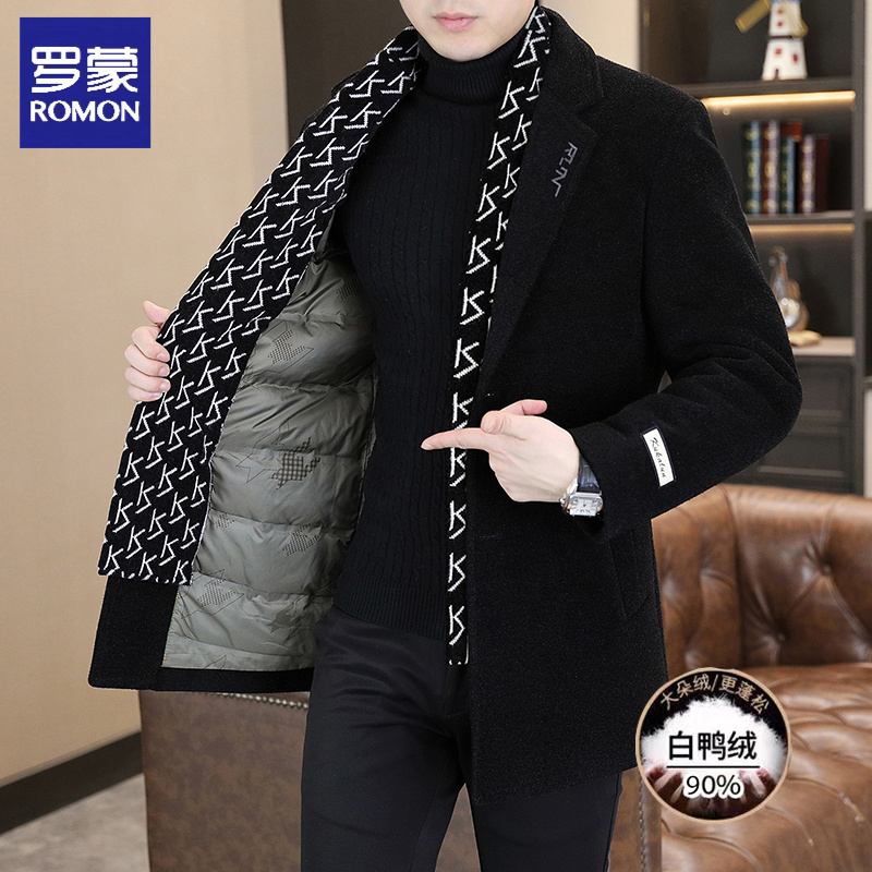 罗蒙毛呢大衣男中长款秋冬季白鸭绒内胆加厚呢子羽绒高级感男装